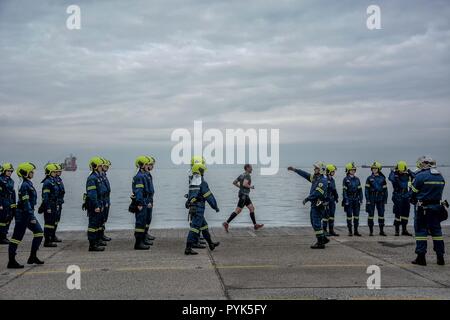 Thessaloniki, Greece. 28th Oct, 2018. Fire Corp Academy are seen preparing for the military parade of the WWII Anniversary of No.The Greek military prepares for the annual military parade for celebrating Greece's National 'Oxi' (No) Day, commemorating Greece's refusal to accept the ultimatum advanced by fascist Italy in 1940 during World War II. Credit: Giorgos Zachos/SOPA Images/ZUMA Wire/Alamy Live News Stock Photo