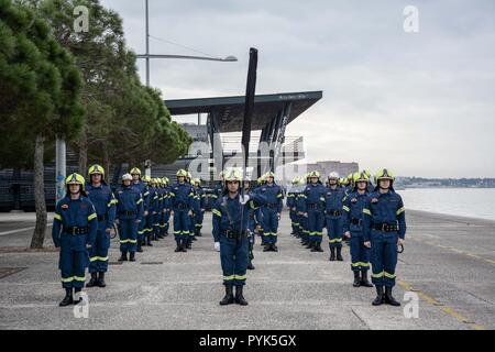 Thessaloniki, Greece. 28th Oct, 2018. Family photo of Fire Corp Academy before the for military parade of the WWII Anniversary of No seen during the preparations.The Greek military prepares for the annual military parade for celebrating Greece's National 'Oxi' (No) Day, commemorating Greece's refusal to accept the ultimatum advanced by fascist Italy in 1940 during World War II. Credit: Giorgos Zachos/SOPA Images/ZUMA Wire/Alamy Live News Stock Photo