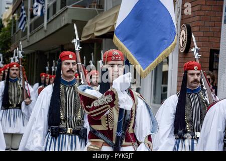 Thessaloniki, Greece. 28th Oct, 2018. Members of Presidential Guard, known as Evzones are seen preparing for the military parade of the WWII Anniversary of No.The Greek military prepares for the annual military parade for celebrating Greece's National 'Oxi' (No) Day, commemorating Greece's refusal to accept the ultimatum advanced by fascist Italy in 1940 during World War II. Credit: Giorgos Zachos/SOPA Images/ZUMA Wire/Alamy Live News Stock Photo