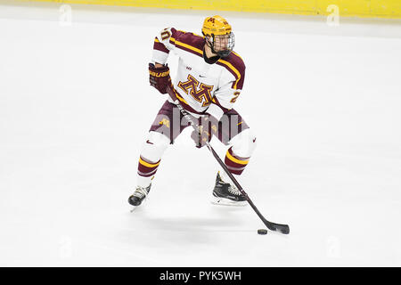 October 27, 2018 Minnesota Golden Gophers defenseman Ryan Zuhlsdorf (20) skates with the puck during the NCAA men's US Hockey Hall of Fame game between the Minnesota Golden Gophers and the University of North Dakota Fighting Hawks at Orleans Arena in Las Vegas, NV. North Dakota defeated Minnesota 3 -1. Photo by Russell Hons/CSM Stock Photo