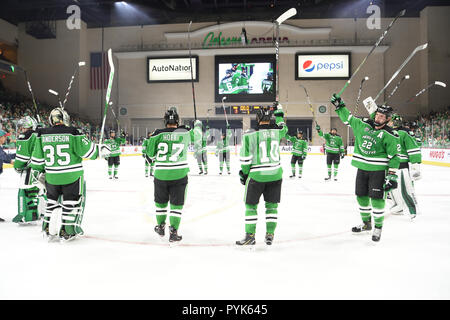 October 27, 2018 The North Dakota men's hockey team salutes the crowd after winning the NCAA men's US Hockey Hall of Fame game between the Minnesota Golden Gophers and the University of North Dakota Fighting Hawks at Orleans Arena in Las Vegas, NV. North Dakota defeated Minnesota 3 -1. Photo by Russell Hons/CSM Stock Photo