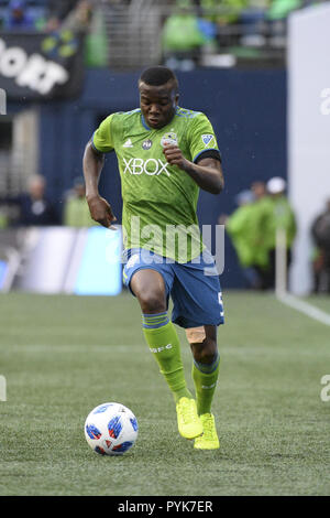 Seattle, Washington, USA. 28th Oct, 2018. Seattle's NOUHOU (5) in action as San Jose visits the Seattle Sounders in a MLS match at Century Link Field in Seattle, WA. Seattle won the match 2-1. Credit: Jeff Halstead/ZUMA Wire/Alamy Live News Stock Photo
