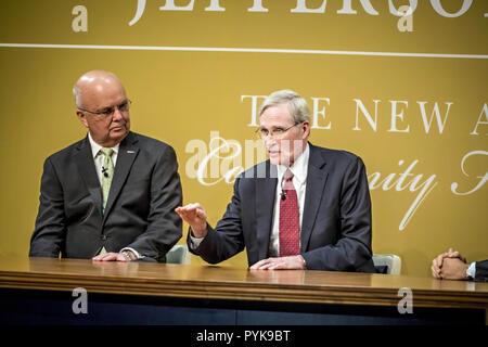 Columbus, Ohio, USA. 25th Oct, 2018. GENERAL MICHAEL HAYDEN listens to STEPHEN HADLEY Thursday evening October 25, 2018 at the Jefferson Series National Security Town Hall presented by the New Albany Community Foundation at the McCoy Center in New Albany, Ohio. Fareed Zakaria moderated the Town Hall. Hadley was the Assistant to the President for National Security Affairs, serving under President George W. Bush. Michael Hayden is a retired United States Air Force four-star general and former Director of the National Security Agency, Principal Deputy Director of National Intelligence, and Di Stock Photo