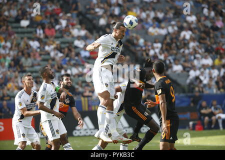 October 28, 2018 LA Galaxy forward Zlatan Ibrahimovic (9) heads the ball during the MLS game between the LA Galaxy and the Houston Dynamo at the Stub Hub Center in Carson, California. Charles Baus/CSM Stock Photo