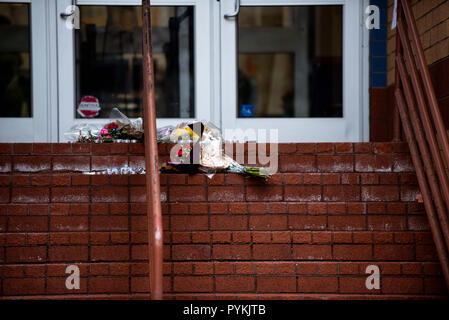 Pittsburgh, PA, USA. 28th Oct, 2018. Flowers seen on steps of Jewish Community Center.After the tragic shooting in Pittsburgh, PA at the Tree of Life. Community gathers from all different races and religions. Many have driven and flown many hours to get there to show support. Credit: Aaron Jackendoff/SOPA Images/ZUMA Wire/Alamy Live News Stock Photo