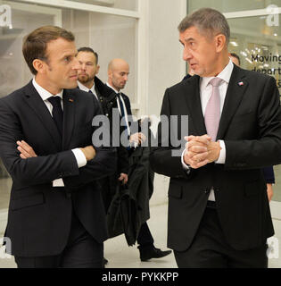 Prague, Czech Republic. 27th Oct, 2018. French President Emmanuel Macron (left) visits the National Gallery (NG) in Prague, where he was shown the latest exhibition of the French collection bought by the Czechoslovak state 95 years ago in Prague, Czech Republic, October 27, 2018. At right is Czech PM Andrej Babis. Credit: Michaela Rihova/CTK Photo/Alamy Live News Stock Photo