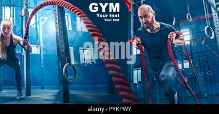 Collage about man and woman with battle ropes exercise in the fitness gym. CrossFit concept. gym, sport, rope, training, athlete, workout, exercises concept Stock Photo