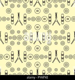 Seamless pattern with zipper, buttons, threads. Sewing and needlework background. Template for design, fabric, print. Stock Vector