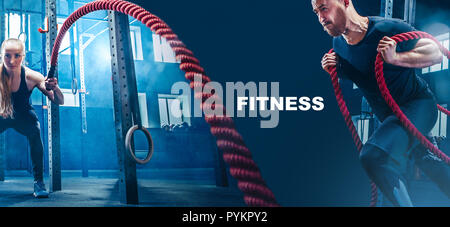 Collage about man and woman with battle ropes exercise in the fitness gym. CrossFit concept. gym, sport, rope, training, athlete, workout, exercises concept Stock Photo