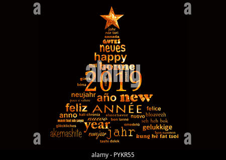 2019 new year multilingual text word cloud greeting card in the shape of a christmas tree Stock Photo