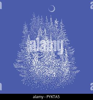Spruce forest and waxing crescent moon. Hand drawn stippling or dotwork style sketchy graphic illustration in white color. Winter wonderland, wildlife symbol, Christmas greeting card, logo design. Stock Vector