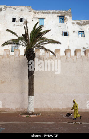 Man in traditional clothes with cat in front of the city wall of Essaouira, Morocco, Africa Stock Photo