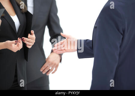 close up.the businessman extends his hand for a handshake .isolated on white Stock Photo