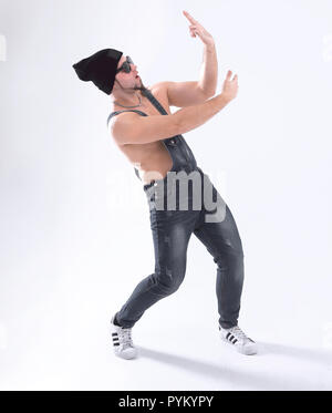 nice man dancing break dance in the Studio .isolated on white Stock Photo