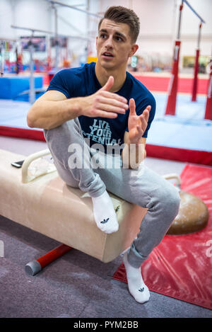 British Olympic Gold gymnast Max Whitlock at Basildon Sporting Centre for a piece to run ahead of the Commonwealth Games when he'll be one of the star Stock Photo