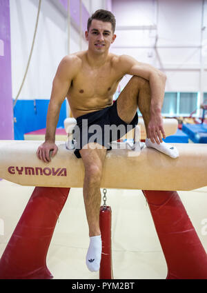 British Olympic Gold gymnast Max Whitlock at Basildon Sporting Centre for a piece to run ahead of the Commonwealth Games when he'll be one of the star Stock Photo