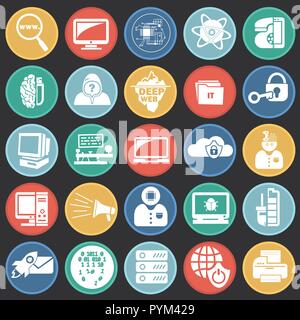 Computer and internet technologies set on color circles black background Stock Vector