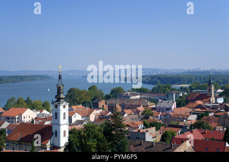 View to Saint Nicholas Church, Danube river and Belgrade from Gardos tower in Zemun, Serbia Stock Photo