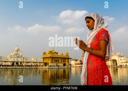 A young female Sikh devotee is standing and praying at the holy pool of the Harmandir Sahib, the Golden Temple Stock Photo