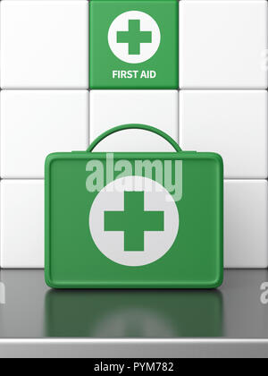 3d rendered front view of a green retro plastic first aid box on a metal counter in front of a white tiled wall. Stock Photo