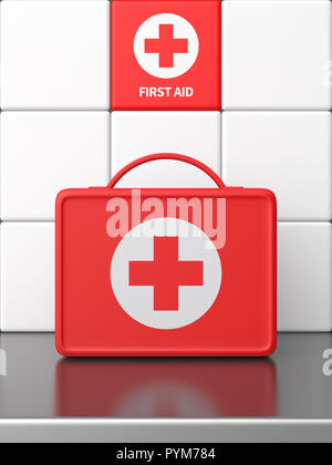 3d rendered front view of a red retro plastic first aid box on a metal counter in front of a white tiled wall. Stock Photo