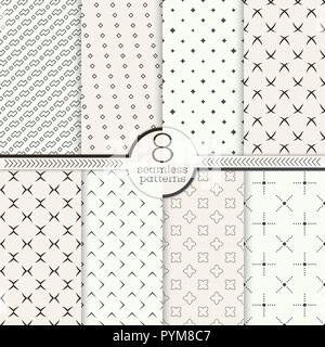 Set of eight seamless patterns. Modern stylish textures. Regularly repeating geometrical patterns with different geometric shapes. Abstract digital pa Stock Vector