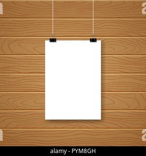 White vertical empty sheet of paper against in the form of a wooden wall. Vector illustration of a poster, flyer. A model template, a frame for the te Stock Vector