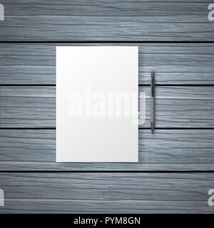 White empty sheet of paper and pen against in the form of a wooden table. Vector illustration of a template, flyer, poster, model. Stock Vector