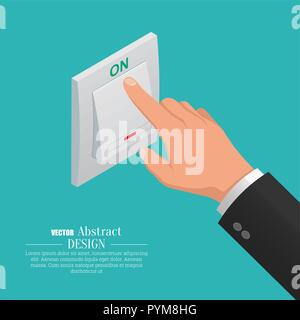 The hand turns on light switch. A vector isometric illustration for a poster, advertizing. Stock Vector