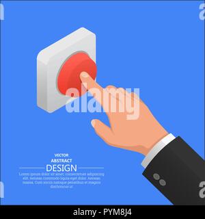 The hand in a suit presses the red button. Vector isometric illustration. Stock Vector