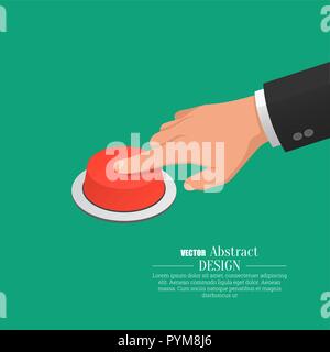 The hand in a suit presses the red button. Vector isometric illustration. Stock Vector