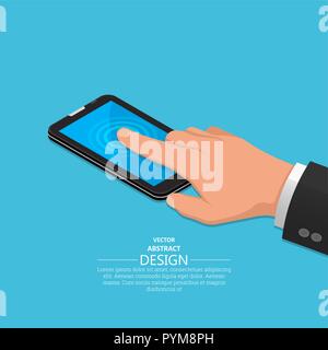 Hand finger on the touch screen of phone. A vectorial illustration in isometric, 3D style. Stock Vector