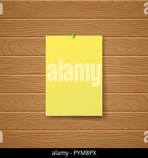 The yellow blank sheet in vertical position is pinned on a wall from wooden texture. Vector illustration of the poster, leaflet. A frame for the text, Stock Vector