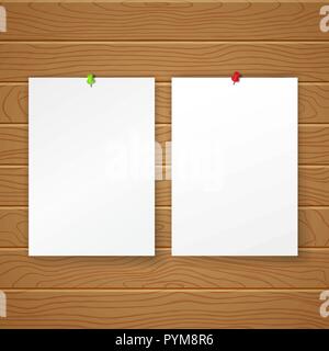 Two blank clean sheets in vertical position are pinned on a wall from wooden texture. Vector illustration of the poster, leaflet. A frame for the text Stock Vector