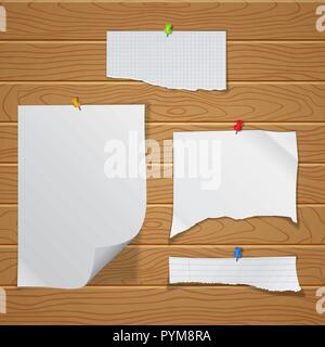 A set of the fragmentary, crumpled pieces of paper pinned on a wall from wooden boards. The white, bent sheets against the background of texture from  Stock Vector