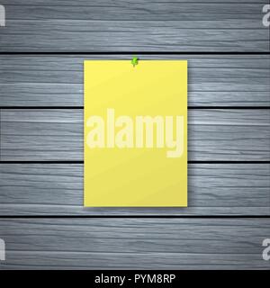 The yellow blank sheet in vertical position is pinned on a wall from wooden texture. Vector illustration of the poster, leaflet. A frame for the text, Stock Vector