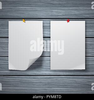 Two blank clean sheets in vertical position are pinned on a wall from wooden texture. Vector illustration of the poster, leaflet. A frame for the text Stock Vector