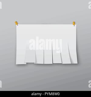 The Chity sheet of paper cut by strips on a gray background. A white paper template with a shadow pinned to a wall. Vector realistic illustration. Stock Vector