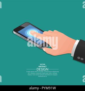Hand finger on the touch screen of mobile phone similar to the iPhone. A vector illustration in isometric, 3D style. Stock Vector