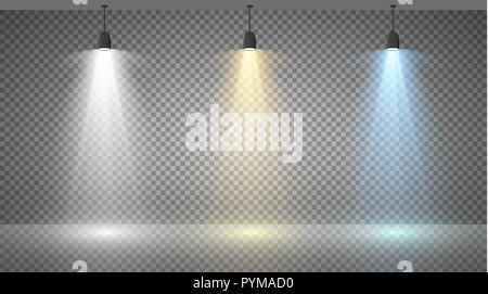 Set of colored searchlights on a transparent background. Bright lighting with spotlights. The searchlight is white, blue. Stock Photo