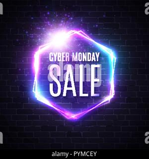 Cyber monday background with neon light vintage frame. Hexagon logo on blue dark brick wall. 3d geometric shapes vector street sign. Discount card for sale event Cyber monday vector text. Illustration Stock Vector