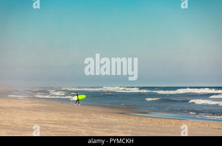 person with a bright green surf board at an eastern long beach Stock Photo