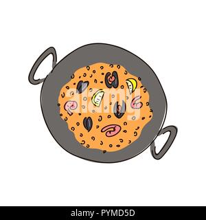From above paella dish in a pot containing rice and vegetables with seafood. Copy space. vector illustration Stock Vector