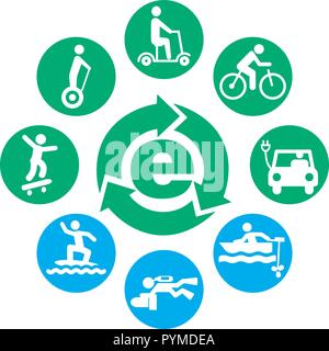 electric drives vehicles and vessels icon set round Stock Vector