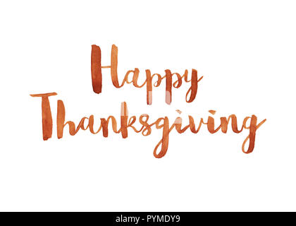 Happy Thanksgiving watercolor orange brown handwriting on white background isolated Stock Photo