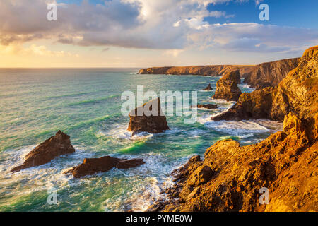 Cornwall Bedruthan steps sea stacks at high tide Carnewas Bedruthan Cornwall North Cornwall coast Cornwall England UK GB Europe Stock Photo