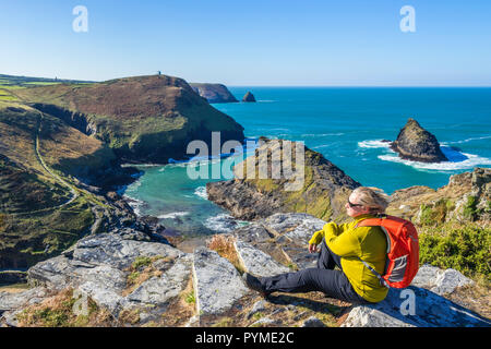 Cornwall Boscastle coast path windswept tourist clifftop Boscastle harbour on the South West coast path Boscastle Cornwall England UK  Europe Stock Photo