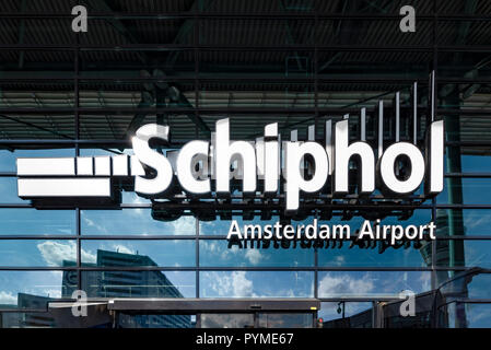 AMSTERDAM, 18 July 2018 - Name tag and entrance of the International Airport of Amsterdam located at south west named Schiphol Stock Photo
