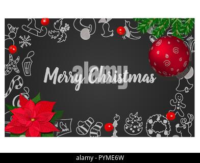 Christmas decoration with fir tree, holly berry, Poincettia, Christmas red ball on black chalkboard Stock Vector