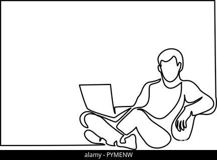 Continuous one line drawing. Young man relaxing in armchair, sitting with laptop computer. Vector illustration Stock Vector